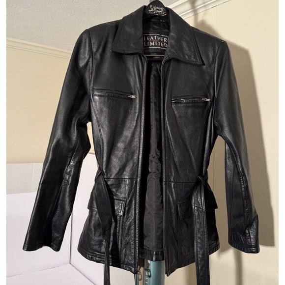 Women's Vtg Leather Jacket Coat M Zip Up‎ & Tie Waist Black Belt Leather Limited - Picture 4 of 16